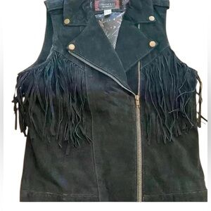 Womens Leather Fringe Vest Black Zipper Lined Western small great condition